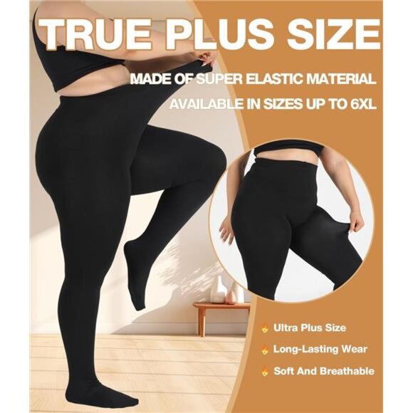 Plus Size Fleece Lined Tights, Warm Winter Thermal Pantyhose Women,/BLACK - Picture 2 of 7